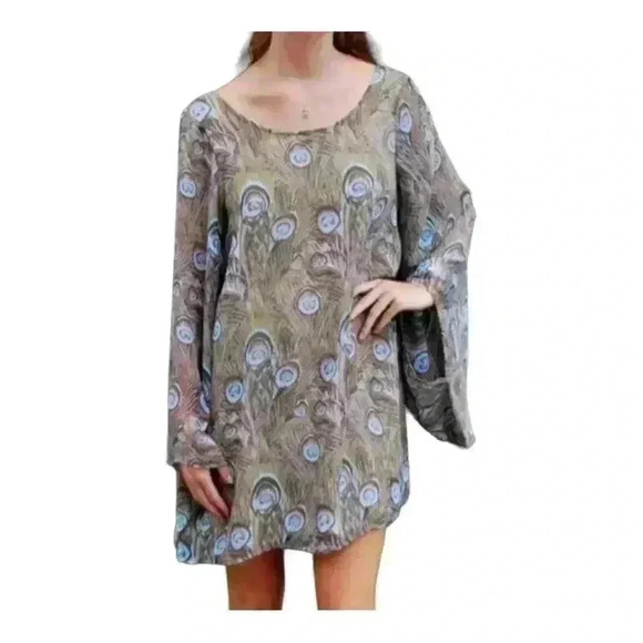 Show Me Your MuMu Peacock Feather Mini Tunic Dress with Butterfly Sleeves Size M - Picture 1 of 10